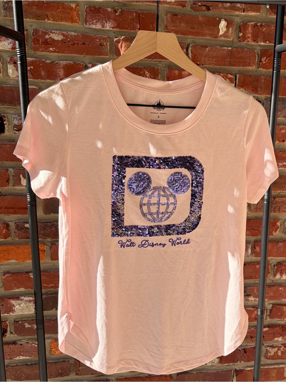 Disney Parks Soft Pink Tee with Purple Sequin Mouse Ears Size Small